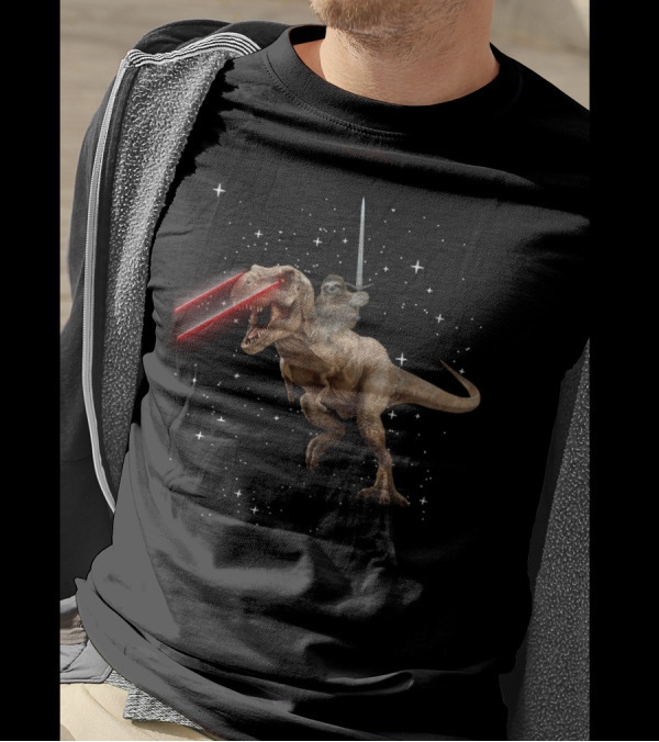 Sloth With A Claymore Riding A Rex With Laser Eyes In Space Adventure T-Shirt