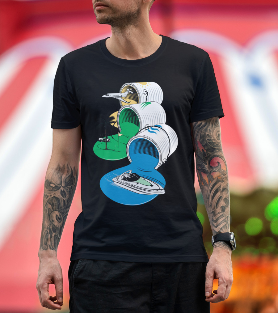 Luxury Escapes with Planes, Palm Trees, and Boats Flowing from Colorful Barrels T-Shirt