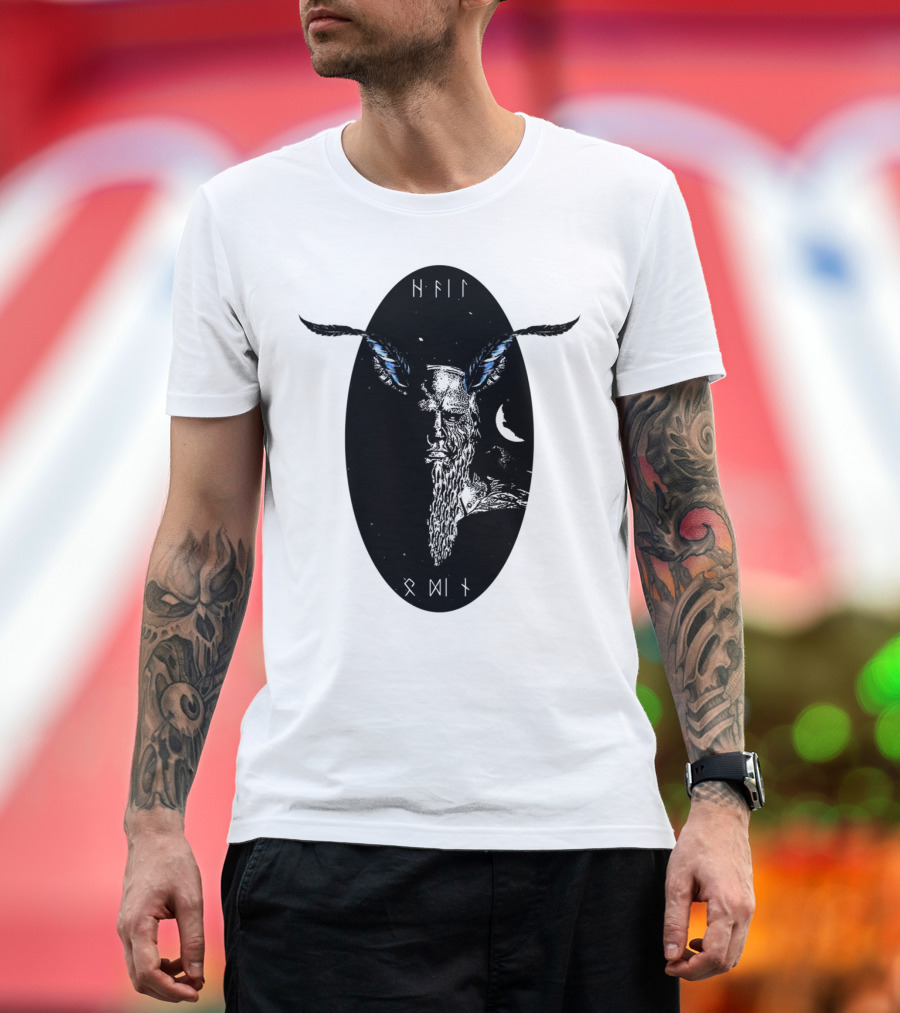 Hail Odin Norse Mythology with Feathers and Moon T-Shirt
