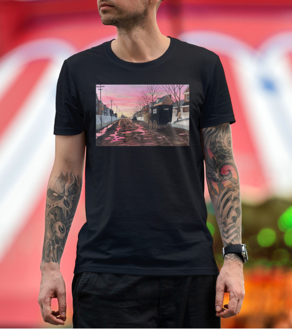 Premium T-Shirt: The Dairy Man By Dav Amish Cart on Snowy Street at Sunset T-Shirt The Dairy Man By Dav Amish Cart on Snowy Street at Sunset T-Shirt