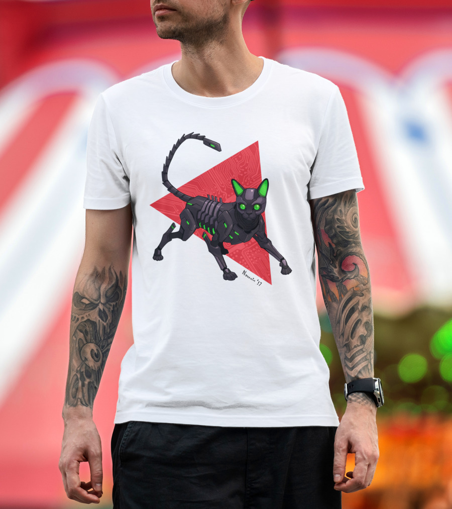 Robo Cat Devon Rex Cybernetic Feline with Circuit Background T-Shirt
