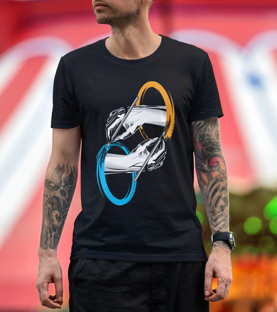 Drawing Hands Through Blue and Orange Portals T-Shirt
