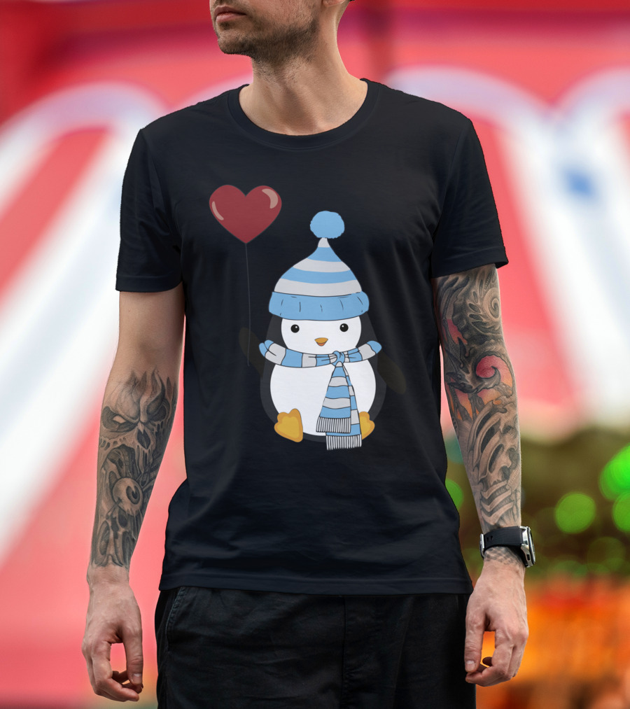 Heart Balloon Penguin in Blue Winter Hat and Scarf T-Shirt