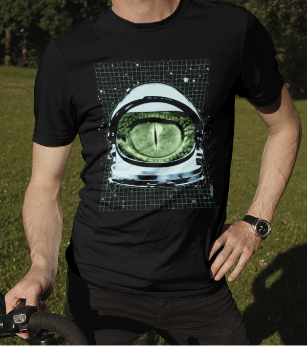 Astro Reptoid Eye In Astronaut Helmet With Galactic Grid Background T-Shirt