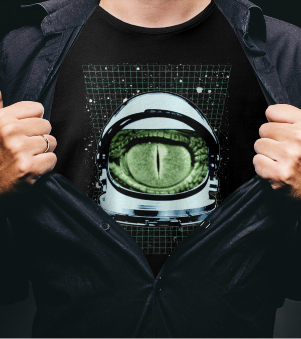 Astro Reptoid Eye In Astronaut Helmet With Galactic Grid Background T-Shirt