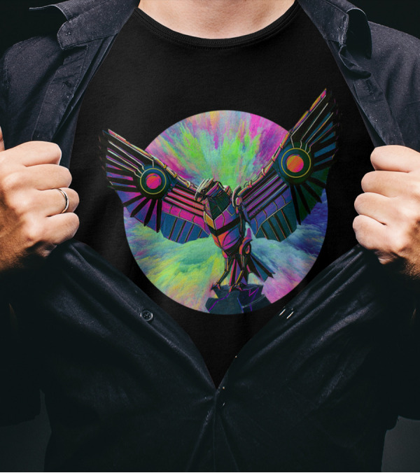 Neon Robot Eagle Symphony In Flight T-Shirt
