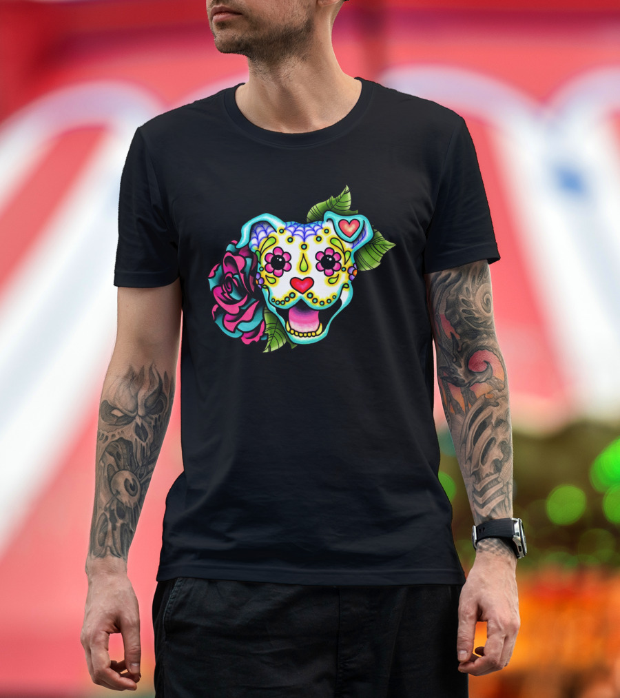 Smiling Pit Bull Day Of The Dead Pitbull Sugar Skull Flower Heart T-Shirt