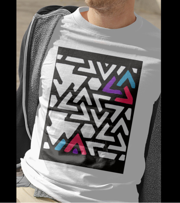 Broken Geometric Window Pattern Triangles In Blue Red And Pink T-Shirt