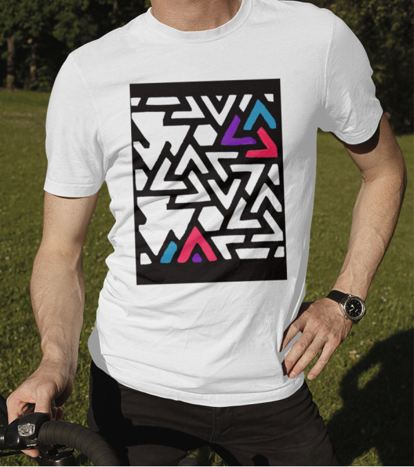 Broken Geometric Window Pattern Triangles In Blue Red And Pink T-Shirt