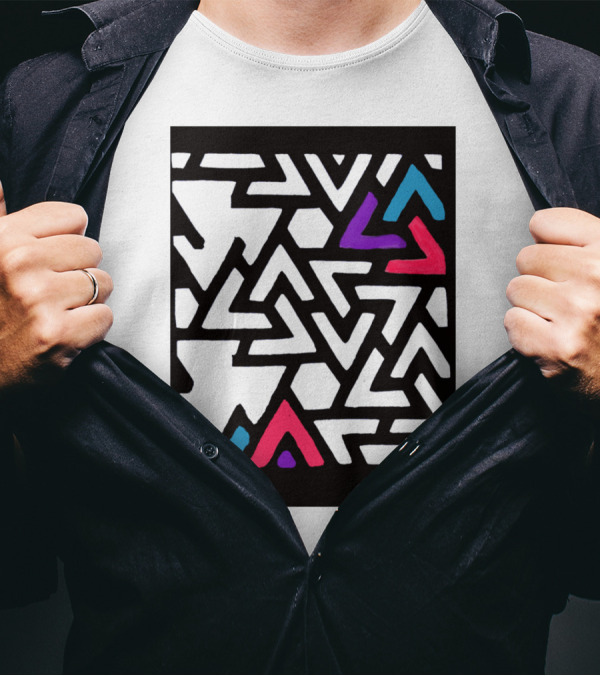 Broken Geometric Window Pattern Triangles In Blue Red And Pink T-Shirt
