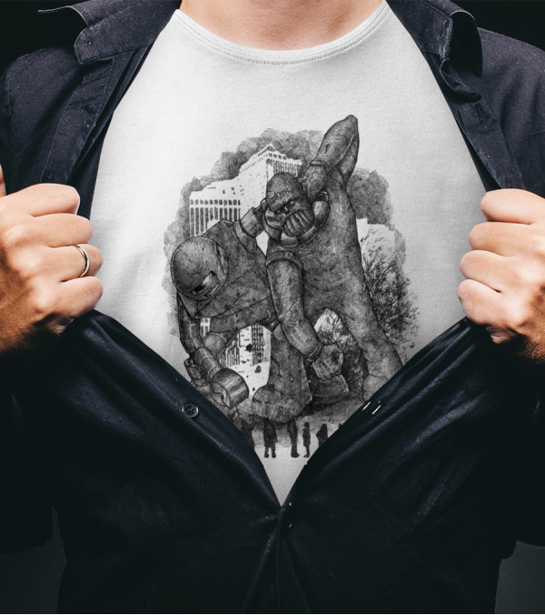 Robot Vs Golem Epic Battle In Urban Landscape T-Shirt
