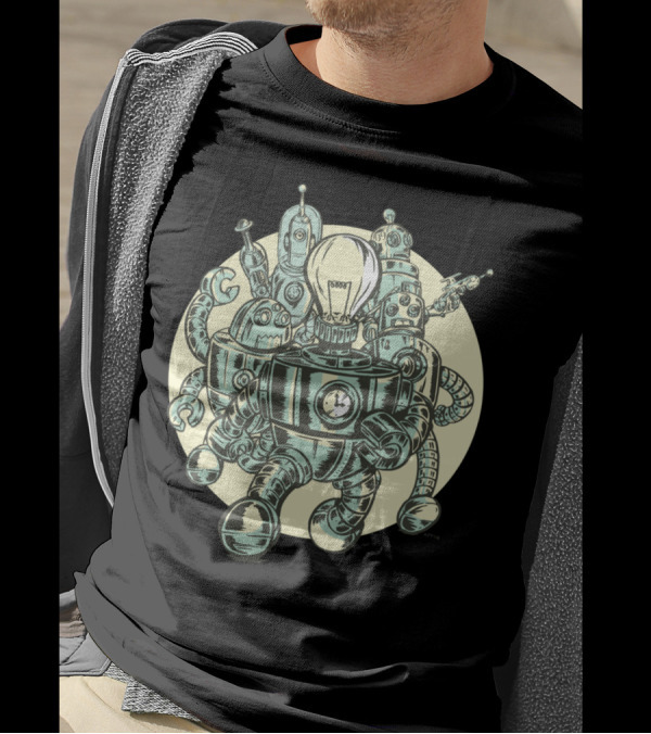 Robots On The Move Vintage Lightbulb Clockwork Ensemble T-Shirt
