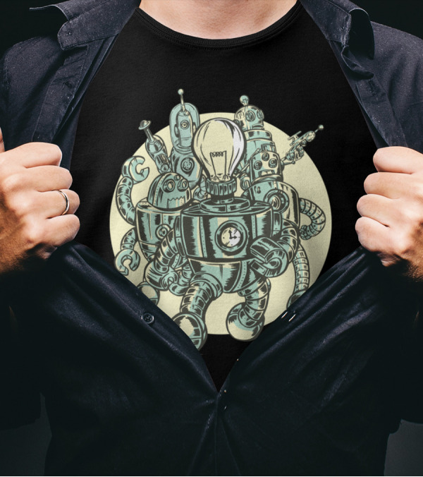 Robots On The Move Vintage Lightbulb Clockwork Ensemble T-Shirt