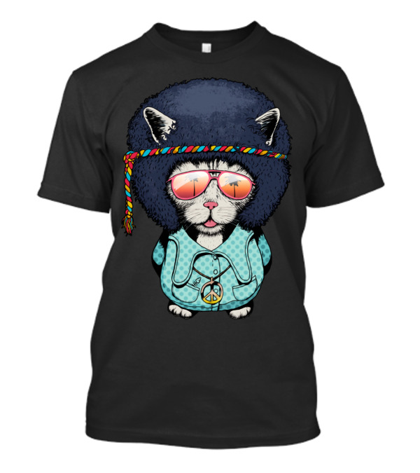 Rock And Roll Cat With Peace Sign Afro And Summer Shades T-Shirt