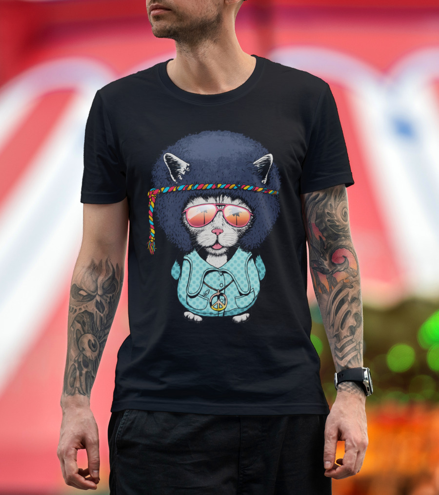 Rock And Roll Cat With Peace Sign Afro and Summer Shades T-Shirt