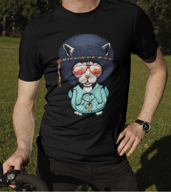 Rock And Roll Cat With Peace Sign Afro And Summer Shades T-Shirt