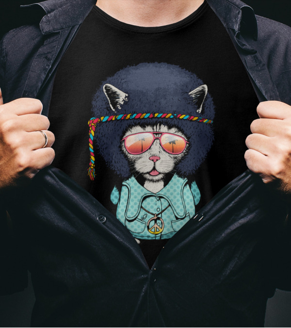 Rock And Roll Cat With Peace Sign Afro And Summer Shades T-Shirt