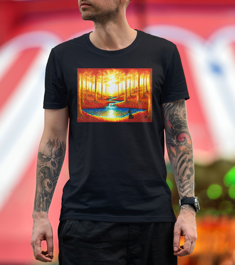 DREAMING Through Enchanted Autumn Forest with Glowing Stream and Silhouetted Figure T-Shirt