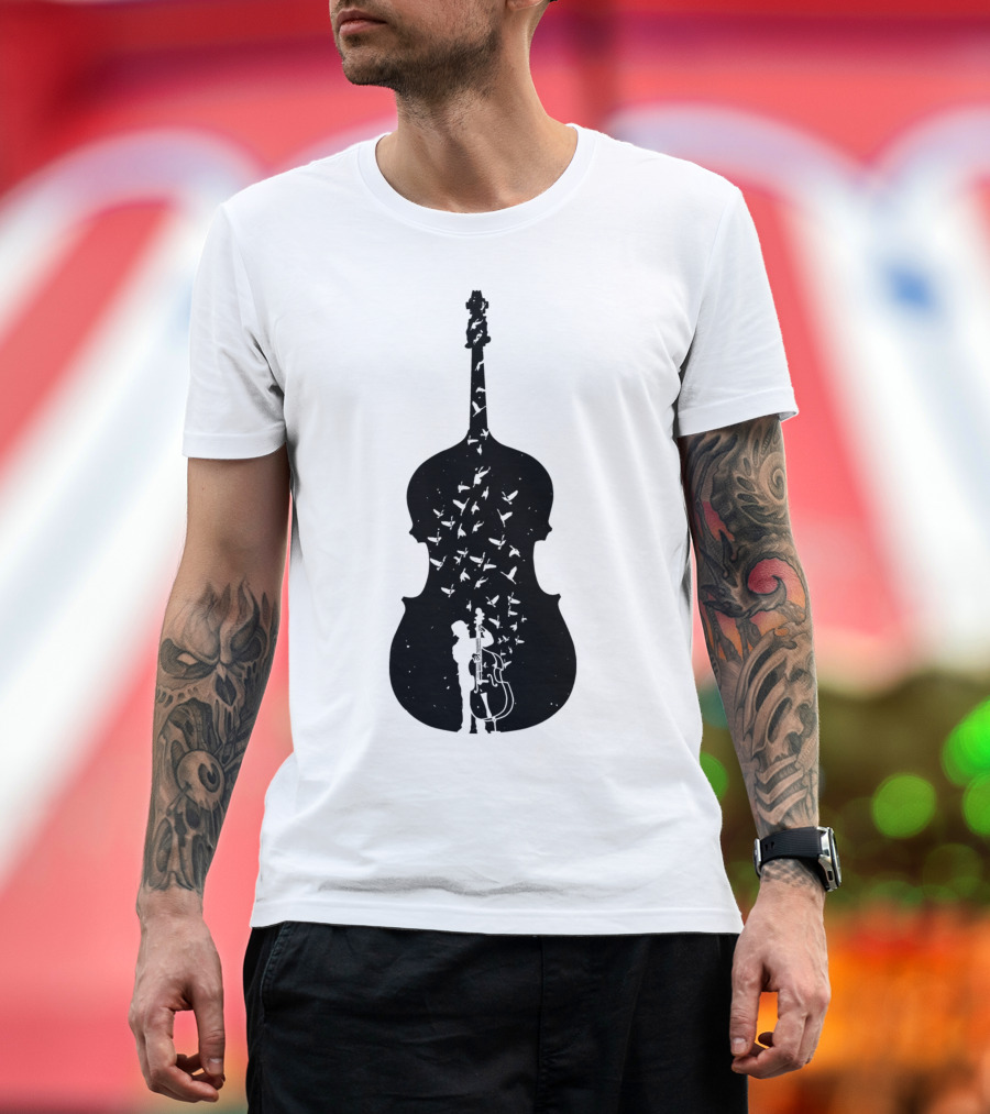 Double Bass Player Silhouette with Birds T-Shirt