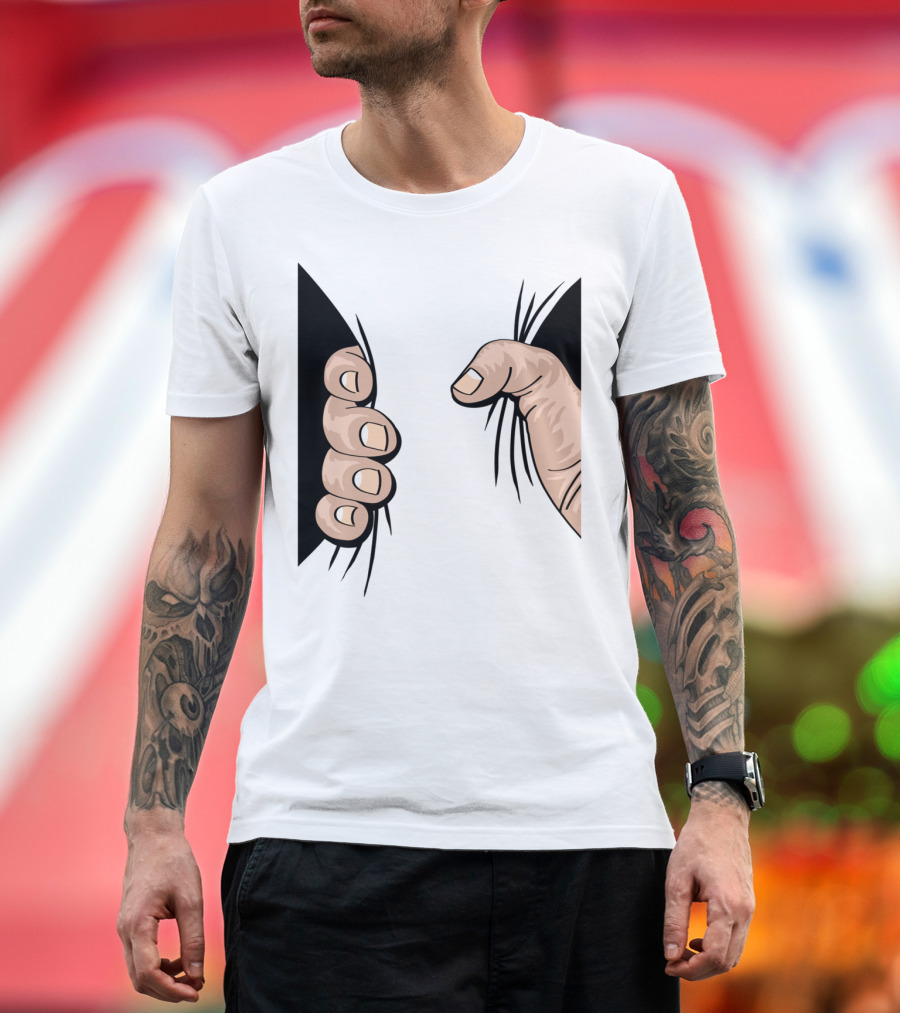 Giant Hand Squeeze Peeking Through Black Fabric T-Shirt