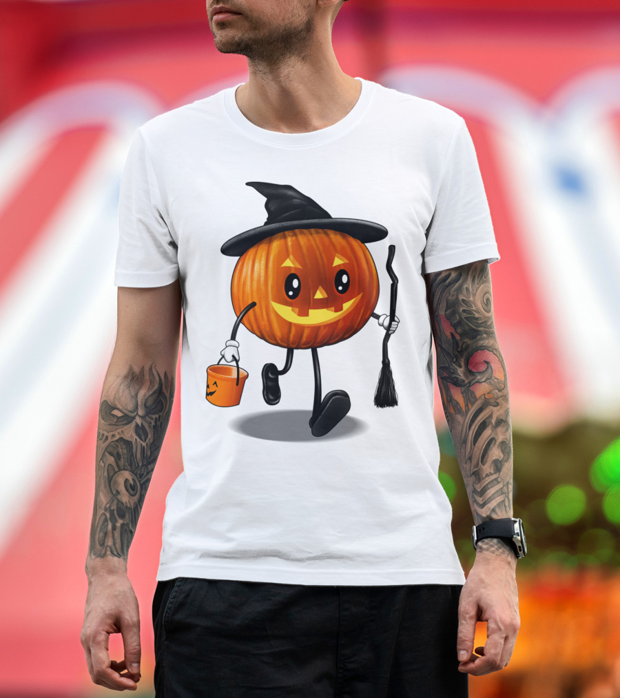Jack O Treat Pumpkin Witch with Broom and Candy Bucket Halloween T-Shirt