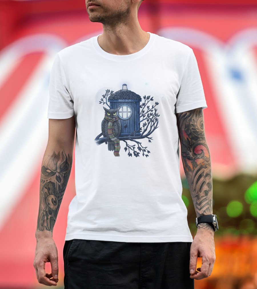 Dr. Hoot Bird Box With Owl Tardis Moonlit Tree Scene T-Shirt
