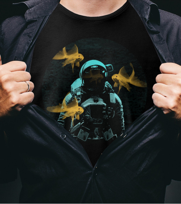 Astronaut Encountering Surreal Floating Goldfish In Space T-Shirt