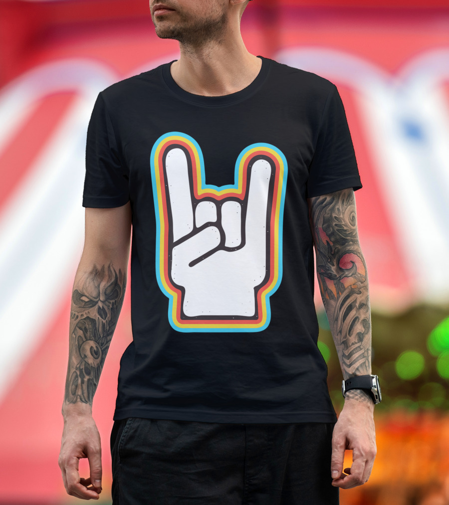Rock Hand Salute Retro Color Outline Neon Gesture T-Shirt