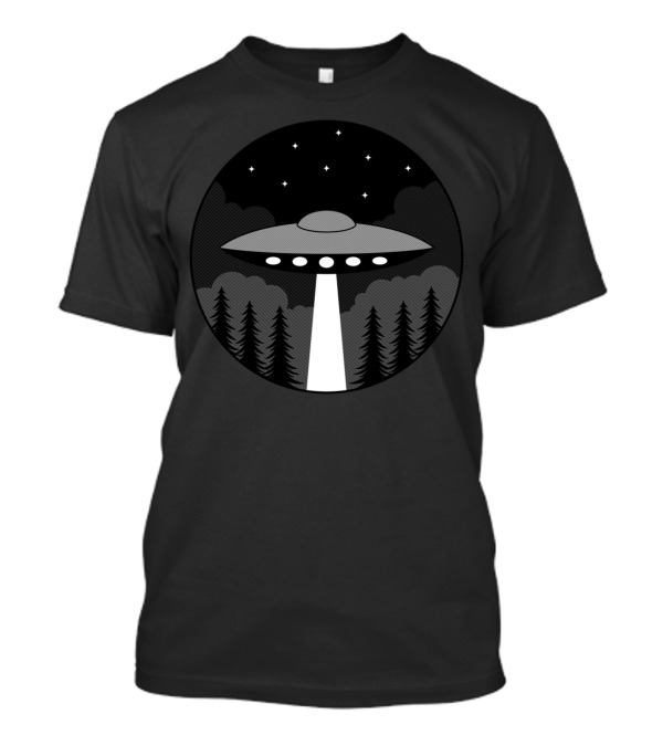 UFO Badge Night Forest Scene With Flying Saucer And Stars T-Shirt