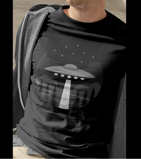 UFO Badge Night Forest Scene With Flying Saucer And Stars T-Shirt