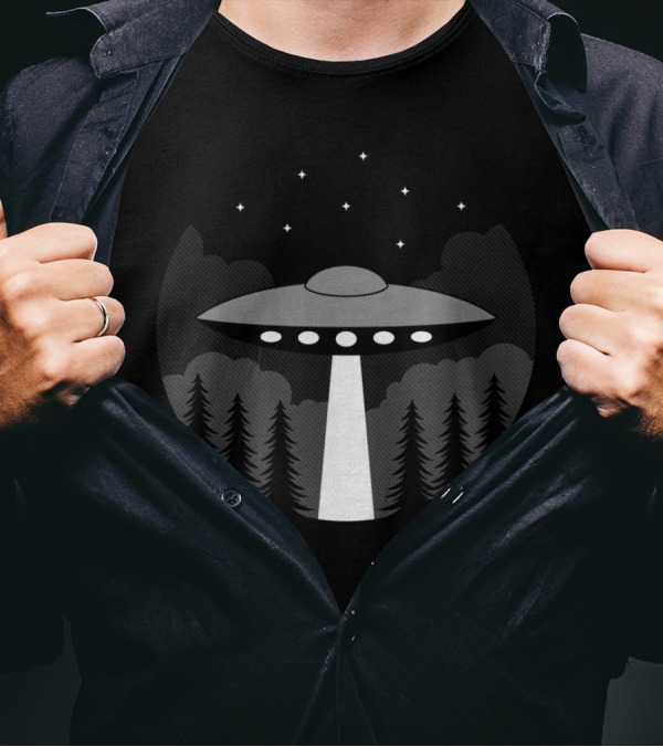 UFO Badge Night Forest Scene With Flying Saucer And Stars T-Shirt