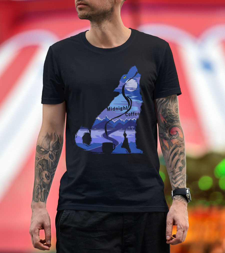 Midnight Coffee Howling Wolf Moonlit Mountain Scene T-Shirt