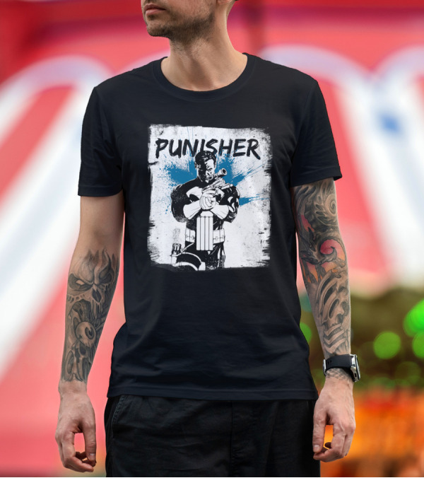 Premium T-Shirt: Punisher Blue Paint Splatter Comic T-Shirt Punisher Blue Paint Splatter Comic T-Shirt