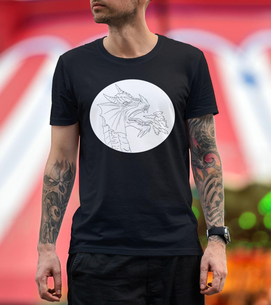 Dragon Breathing Fire in Circular Outline Drawing T-Shirt