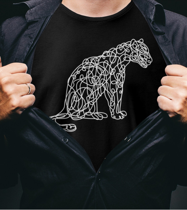 Leopard Artistic Line Style White Abstract Cat Outline T-Shirt