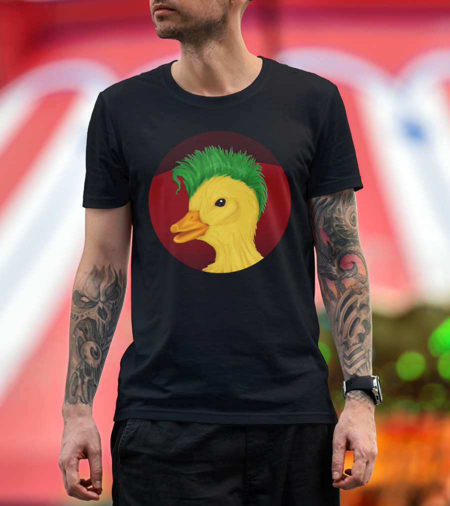 Punk Duck Green Mohawk Chest Print Hood T-Shirt