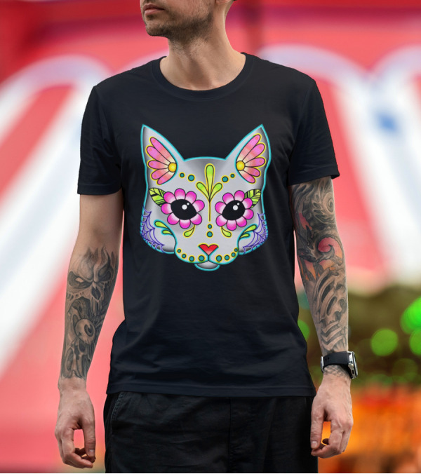 Premium T-Shirt: Grey Cat Sugar Skull Day of the Dead Floral T-Shirt Grey Cat Sugar Skull Day of the Dead Floral T-Shirt
