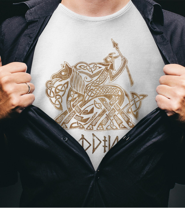 Odin Entering Valhalla On Sleipnir With Norse Knotwork T-Shirt