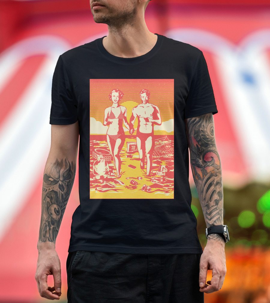 Happy Couple Walking on Sandy Beach with Ocean Waves and Sunset T-Shirt