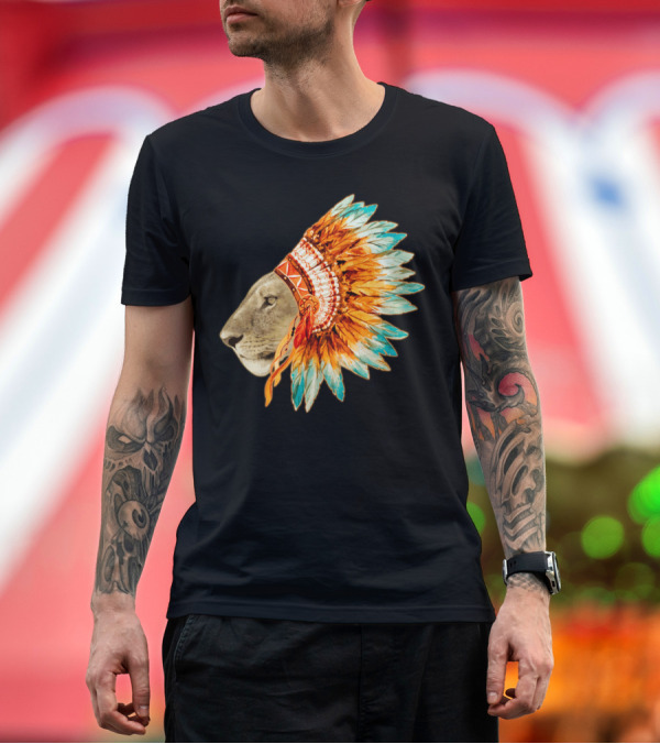 Premium T-Shirt: The Feminist Chief Lioness with Native American Headdress T-Shirt The Feminist Chief Lioness with Native American Headdress T-Shirt