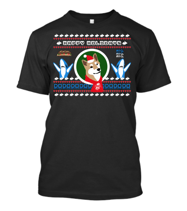 Happy Holidays Hyper RPG Dog With Sharks Santa Hat And Sandwich T-Shirt