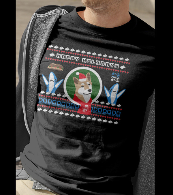 Happy Holidays Hyper RPG Dog With Sharks Santa Hat And Sandwich T-Shirt