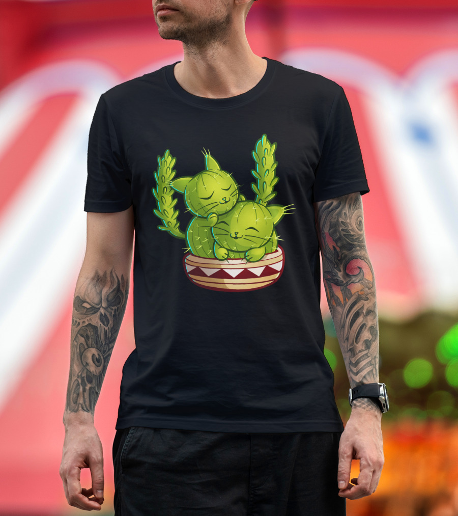 Cat Tus Love to Cuddle Cactus Cats Snuggled in Planter T-Shirt