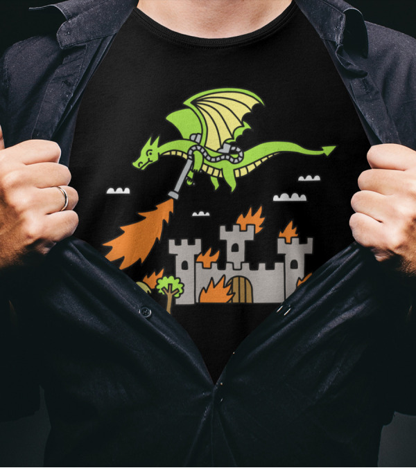Dragon Breathing Fire On Medieval Castle With Flamethrower T-Shirt