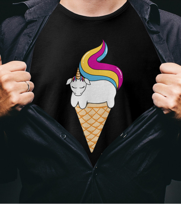 Unicorn Sleeping On Ice Cream Cone With Rainbow Mane T-Shirt