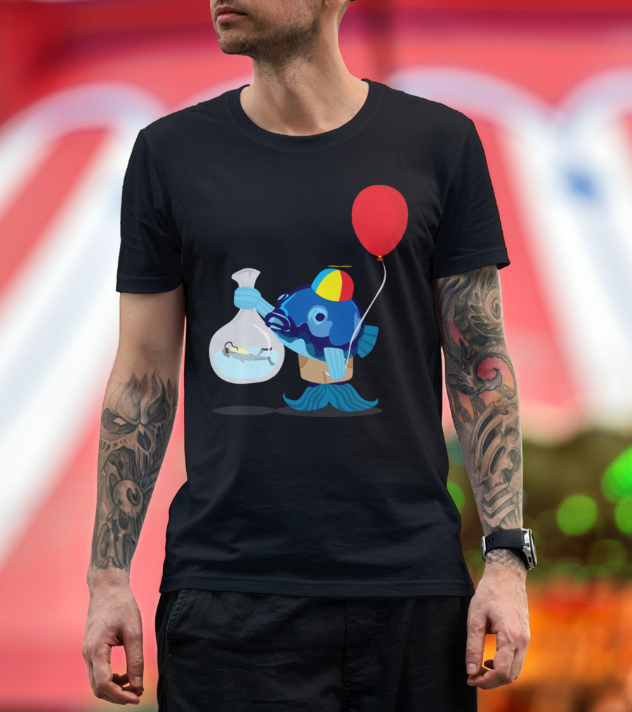 Pet Scuba Fish Holding Diver in Water Bag with Red Balloon and Propeller Hat T-Shirt