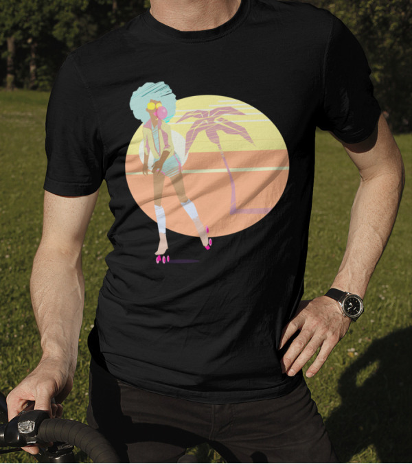 Roller Beach Sunset Vibes Afro Retro Skater With Palm Tree T-Shirt
