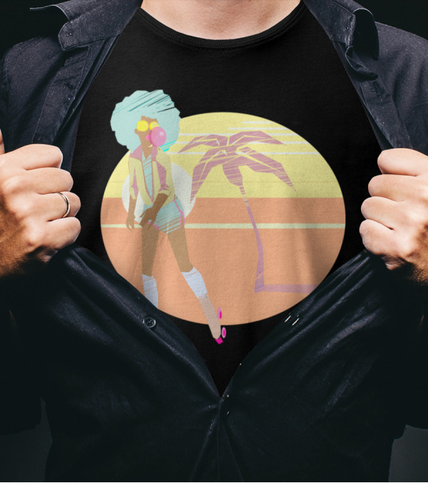 Roller Beach Sunset Vibes Afro Retro Skater With Palm Tree T-Shirt