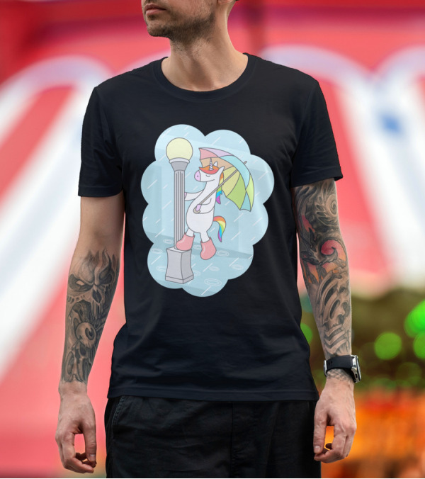 Premium T-Shirt: Unicorn Singing in the Rain with Rainbow Umbrella and Boots T-Shirt Unicorn Singing in the Rain with Rainbow Umbrella and Boots T-Shirt