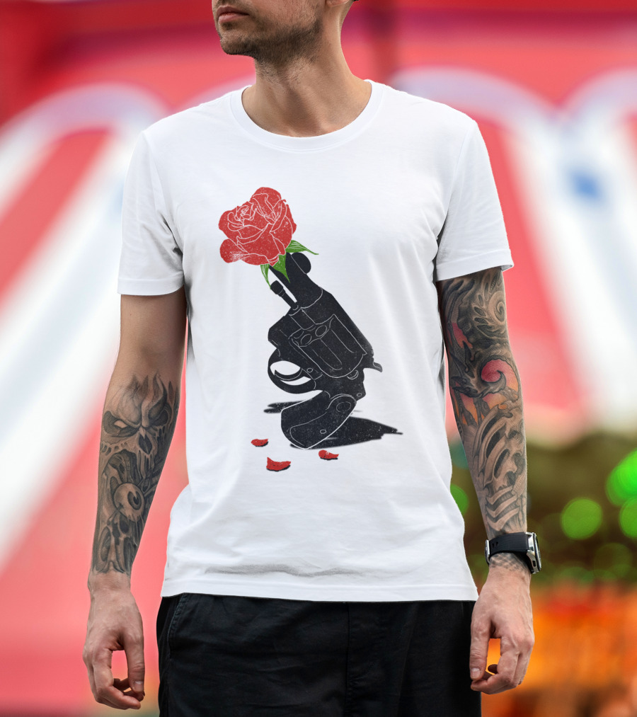 Ceasefire Revolver with Blooming Red Rose T-Shirt